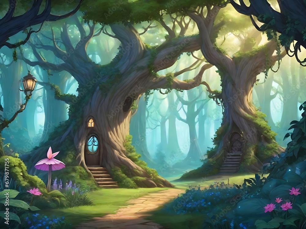 A fairy tale-inspired comic backdrop featuring a mystical grove, where the trees have personalities, Generated By Ai
