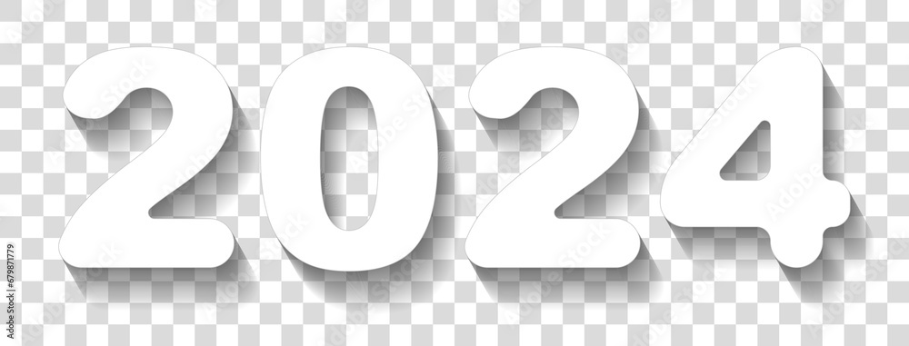2024 with rounded corners in cut of paper style. Happy New Year. White icon with shadow on transparent background. - obrazy, fototapety, plakaty 