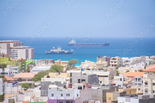 Landscape View to the main port and tankers of Mindelo on the island of Sao Vicente, Cape Verde Islands