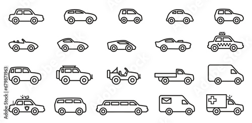 various cars simple outline silhouette set