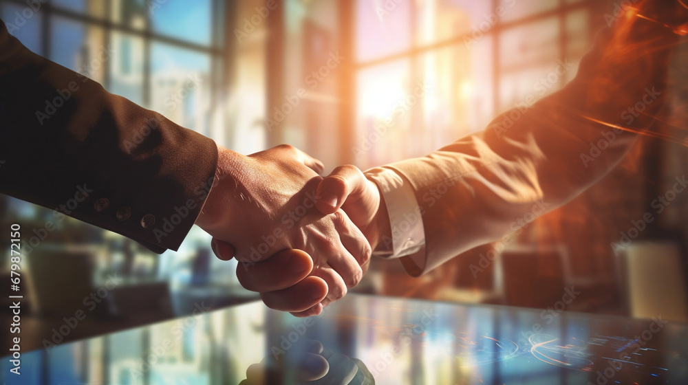 Handshake between two businessmen in an office meeting on blurred flare bokeh abstract background