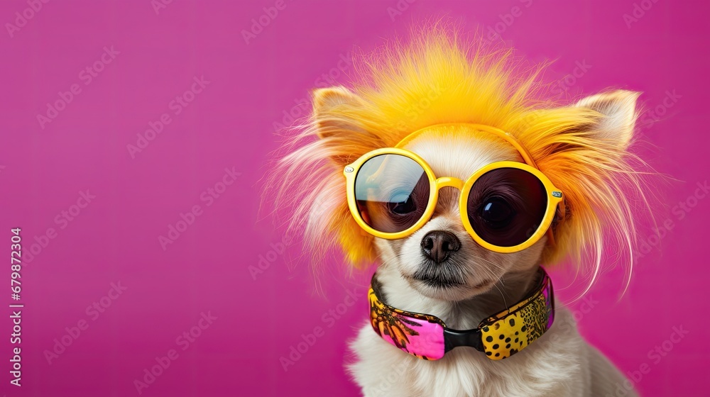 Dog with funny haircut and pink hair wearing sunglasses on bright colored background with copy space