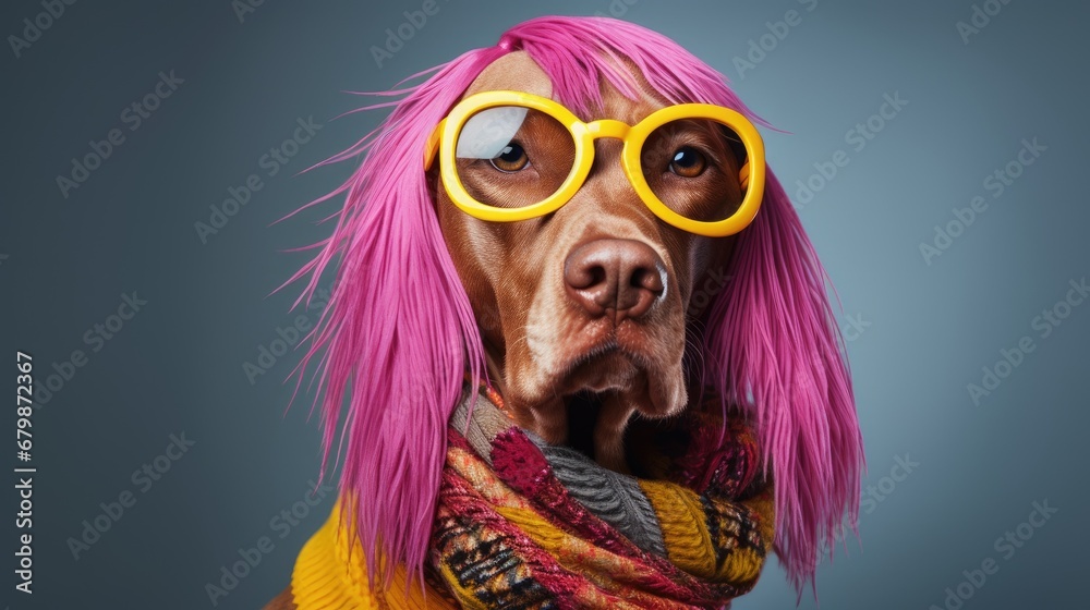 Dog with a scarf and sunglasses on bright colored background with copy space Dog with a scarf and sunglasses on bright colored background with copy space