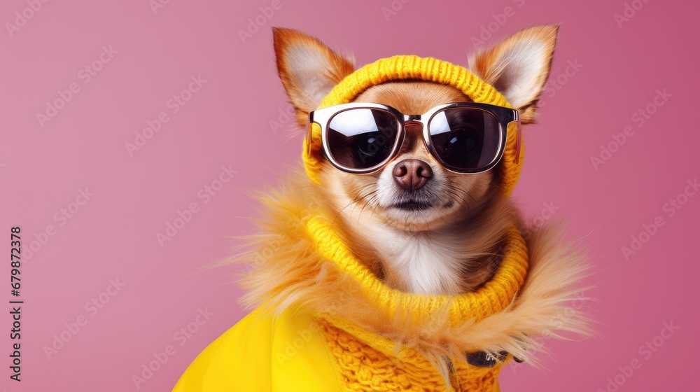 Dog wearing acoat and sunglasses on bright colored background with copy space