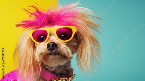 Dog with funny haircut and pink hair wearing sunglasses on bright colored background with copy space © NAITZTOYA