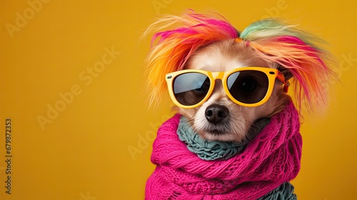Dog with a scarf and sunglasses on bright colored background with copy space © NAITZTOYA