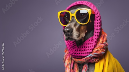 Dog wearing a coat and sunglasses with funny haircut on beight colored background with copy space © NAITZTOYA