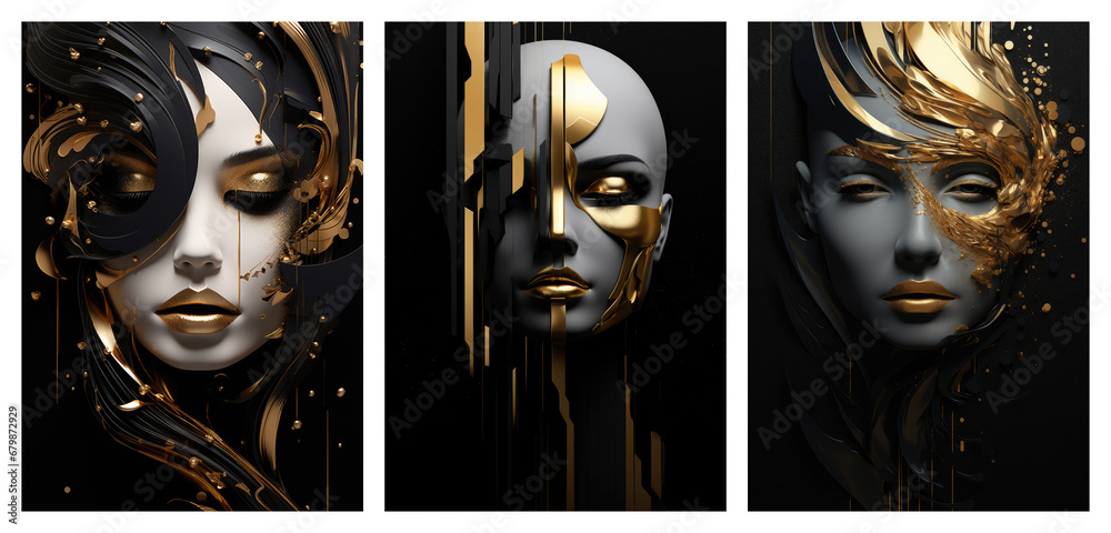 Obraz Set of female surreal art posters, abstract black white and golden modern woman concept art