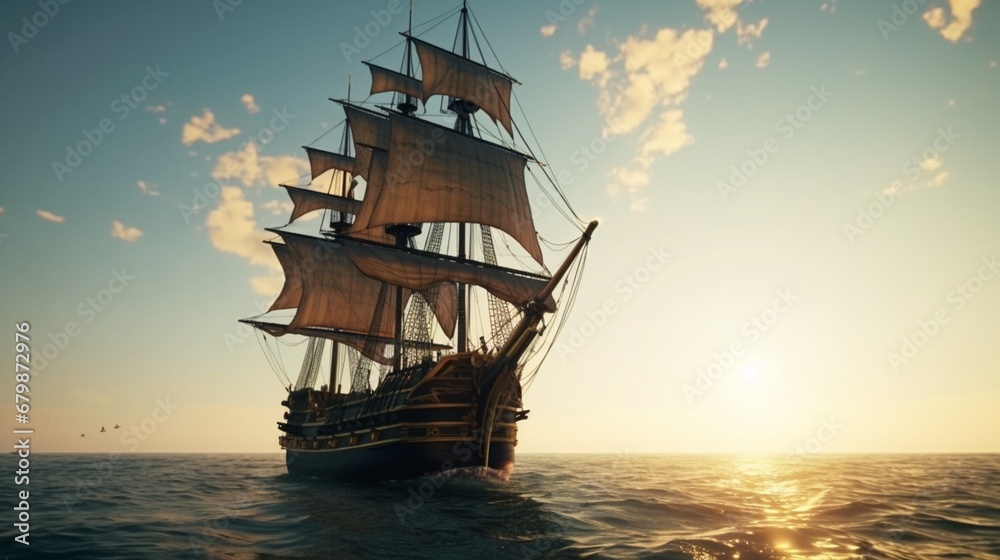 Pirate ship full sailing high sea pirate boat wallpaper image AI generated art