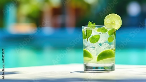 Fresh summer drink with lime and mint, tropical paradise resort background, swimming pool background, bokeh, summer, bright sunlight. Drinking, relaxing,