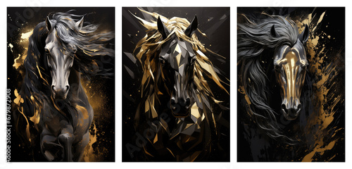 Set of horse art posters, abstract modern concept art	
