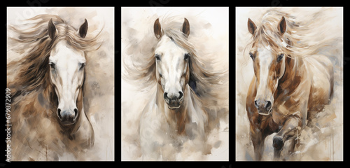 Set of horse art posters, abstract modern concept art 