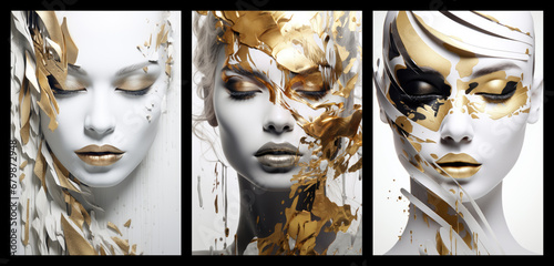 Obraz na płótnie Set of female surreal art posters, abstract black white and golden modern woman concept art