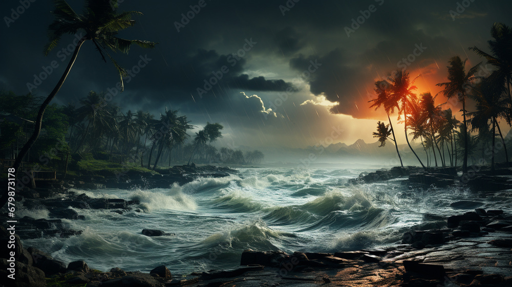 Gloomy tropical stormy ocean on the tropic shore - obrazy, fototapety, plakaty 