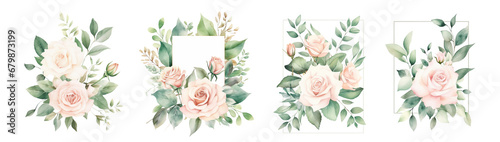 Watercolor flower bouquets set. Floral frame with rose llustration isolated on transparent background