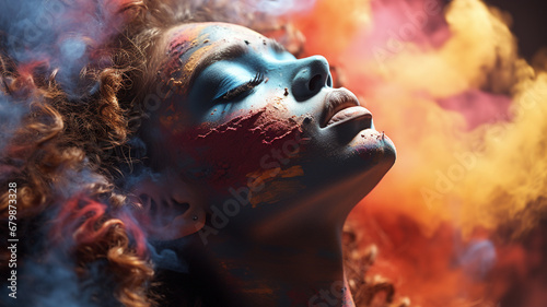 beautiful female model with colorful smoke. beauty woman in studio.