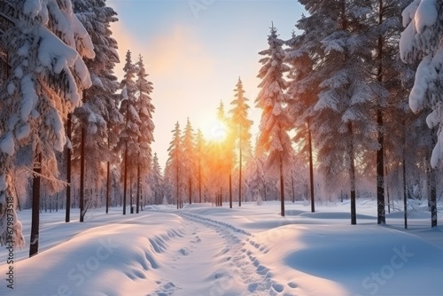 beautiful snowy winter forest landscape. snowy forest and fir branches. Sunset in the wood in winter period. Pine trees covered with snow. Beautiful winter panorama