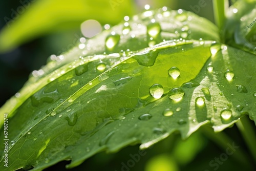 beautiful green leaf covered raindrops, closeup natural background