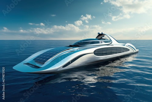 Futuristic solar powered catamaran, enewable eco energy concept © Taborisova