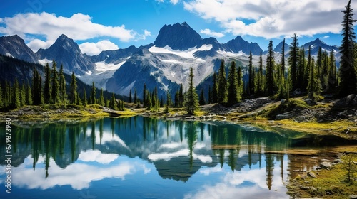A serene mountain landscape with a reflective lake, surrounded by picturesque mountains and trees, illustrating nature's serene beauty