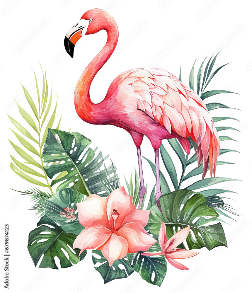 Watercolor of Pink flamingo and Tropical Flowers, isolated on white. AI generated Illustration.