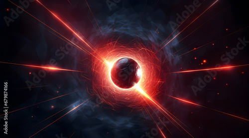 A vibrant sphere formed by abstract orange laser lights on a dark background.