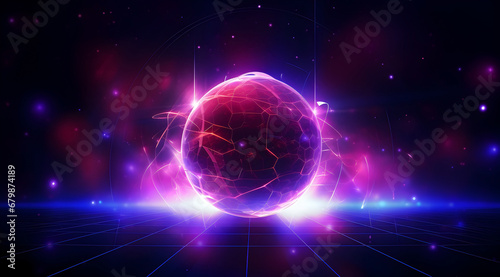 A vibrant sphere formed by abstract purple laser lights on a dark background.