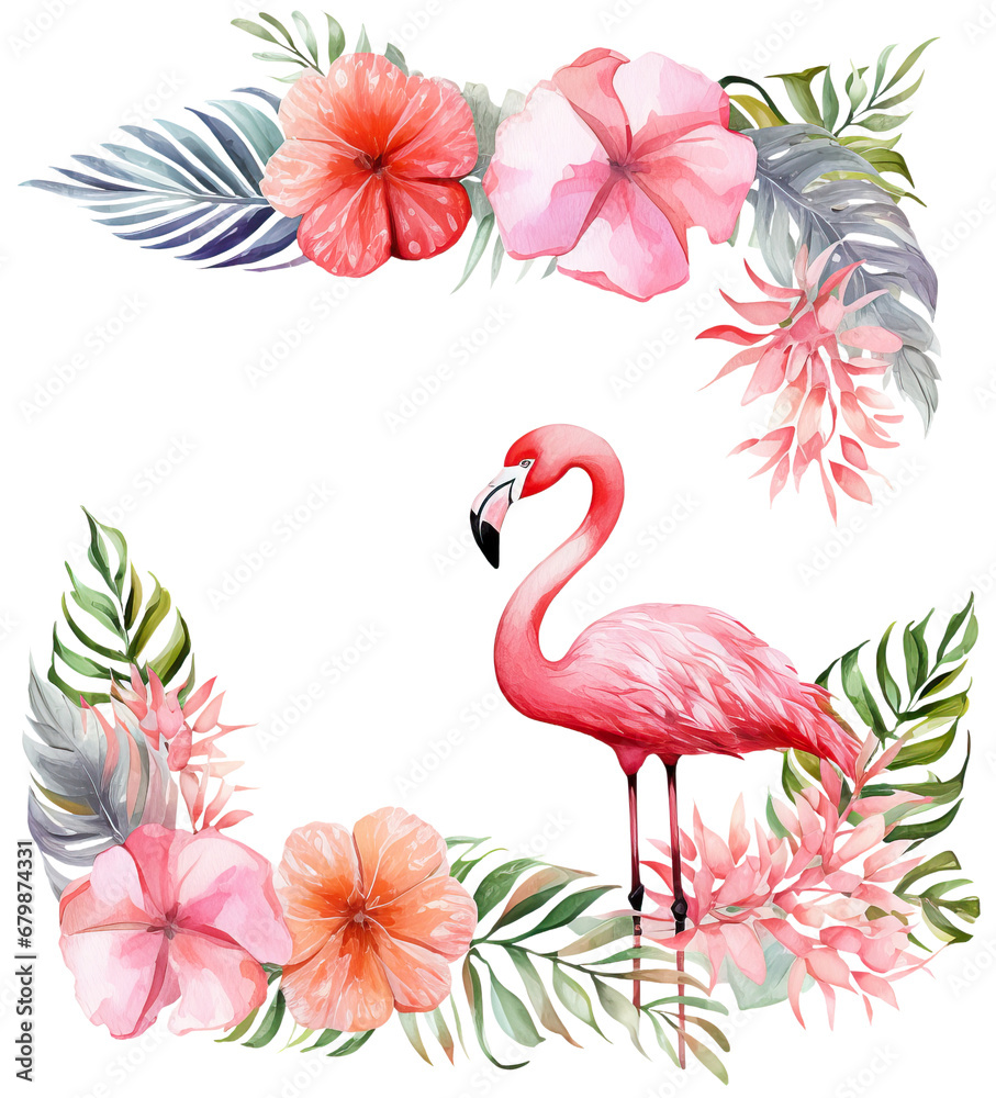 Watercolor of Frame with Pink flamingo and Tropical Flowers, isolated on white . AI generated Illustration.
