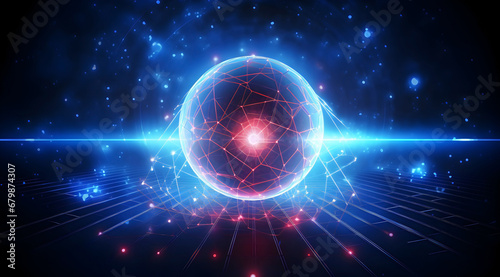 A vibrant sphere formed by abstract blue laser lights on a dark background.