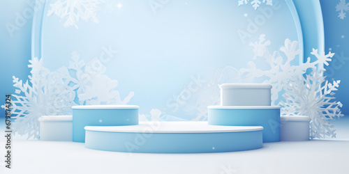 Winter sale product banner, podium platform with geometric shapes and snowflakes background, paper illustration, and 3d paper.