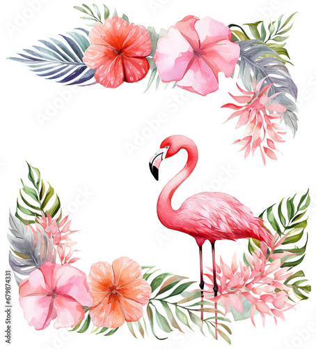 Obraz na płótnie Watercolor of Frame with Pink flamingo and Tropical Flowers, isolated on white . AI generated Illustration. w salonie