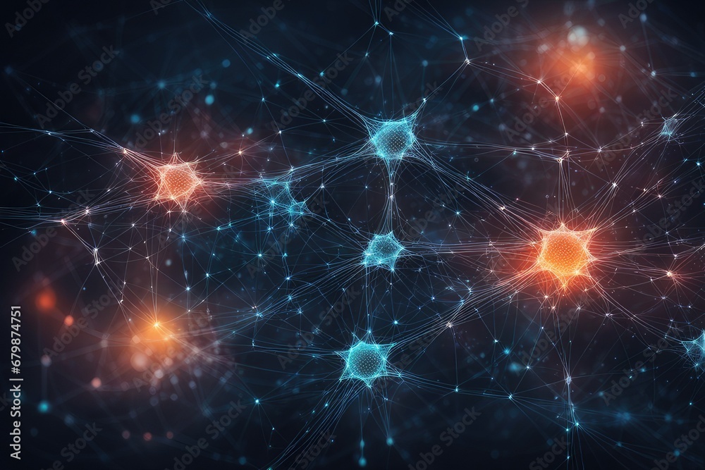 Abstract technology background with a cyber network grid and connected particles. Artificial neurons, global data connections