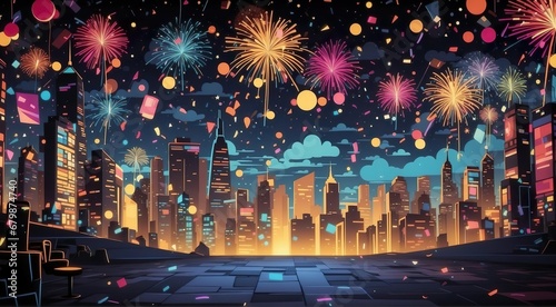a colorful illustration showing a New Year's Eve background. Generative AI. photo