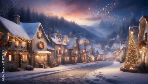 An enchanting scene of a quaint village celebrating Christmas with a magical light display. Generative AI