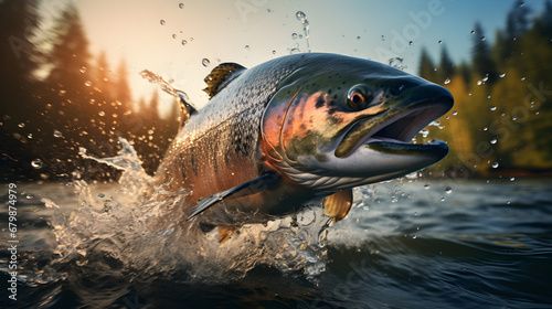 Wild chinook salmon fish jumping out of river water in a forest photo