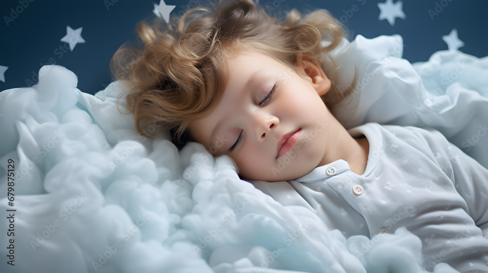 Little child sleeping in clouds for advertising and children's book covers Little child sleeping in clouds for advertising and children's book covers