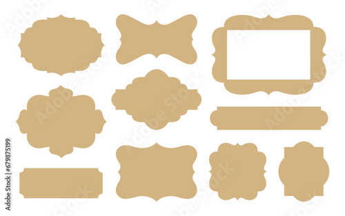 Retro labels cut file. Vintage tag templates. Vector insignia for wine badge, food label, sale sticker, holiday gift card tags. Old-fashioned ornate die-cut shapes for cardboard, paper, scrapbooking.