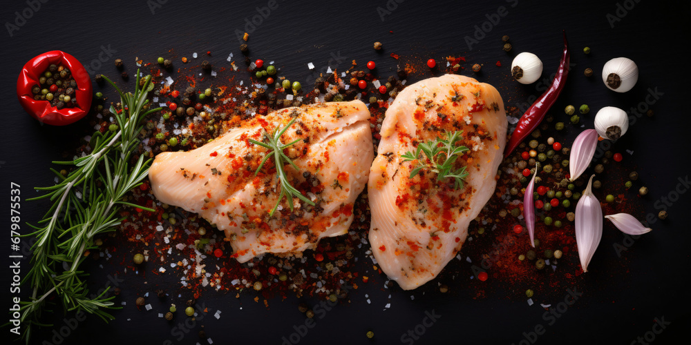 Chicken fillet with spices and herbs at black table. top view - obrazy, fototapety, plakaty 