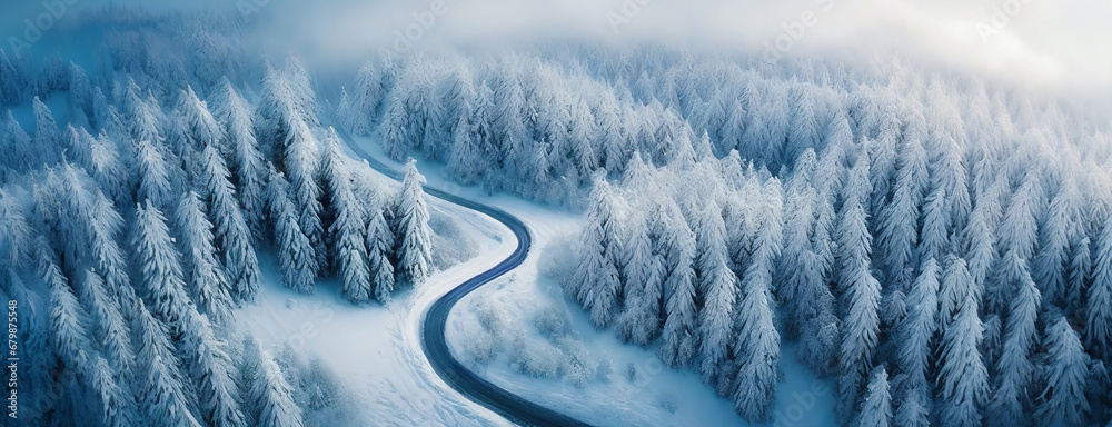 Winter snowy spruce tree forest with winding road in white mountain landscape. Blizzard has blown the roadway. Happy New Year or Christmas greeting card. Banner.