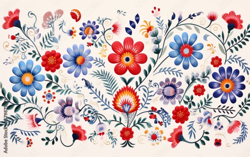 Traditional Slavic Floral Ornament with Red and Blue Flowers Traditional Slavic Floral Ornament with Red and Blue Flowers
