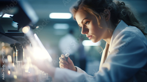 beautiful woman doctor scientist working in a biological technology laboratory on blurred flare bokeh abstract background