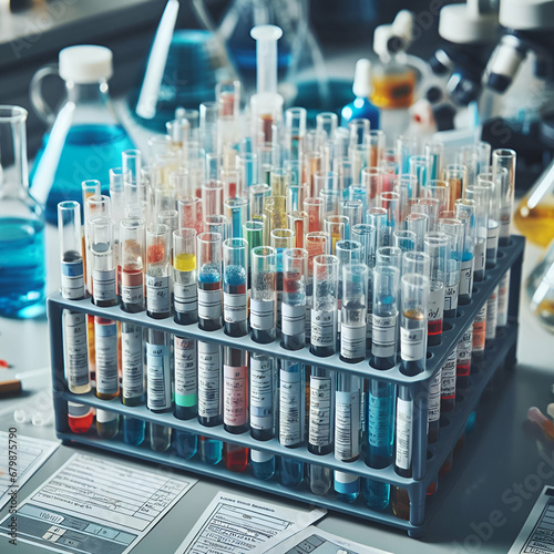 Many Multicolored Test Tubes in a Rack of a Medical Science Research & Development FDA Laboratory for Liquid Blood Sample Test with Microscope & Chemistry Machines of Analysis in the Lab in Background photo