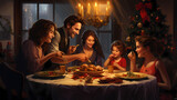 Happy family celebrate christmas gathering together at decorated table for holiday dinner
