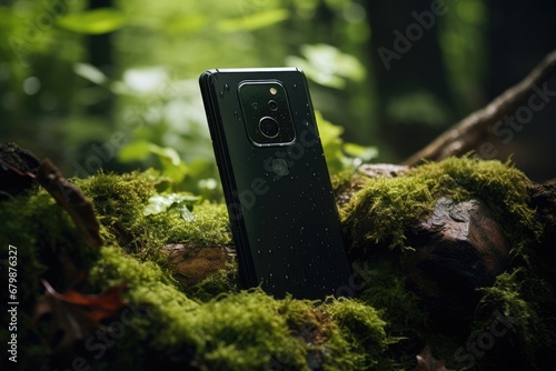 water resistant smartphone stands amidst moss and foliage in a serene forest setting, blurred background photo