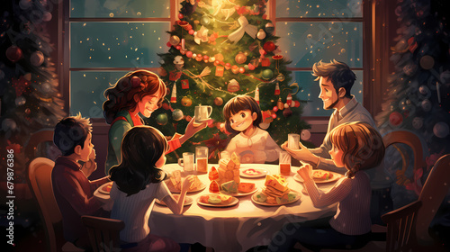 Happy family celebrate christmas gathering together at decorated table for holiday dinner