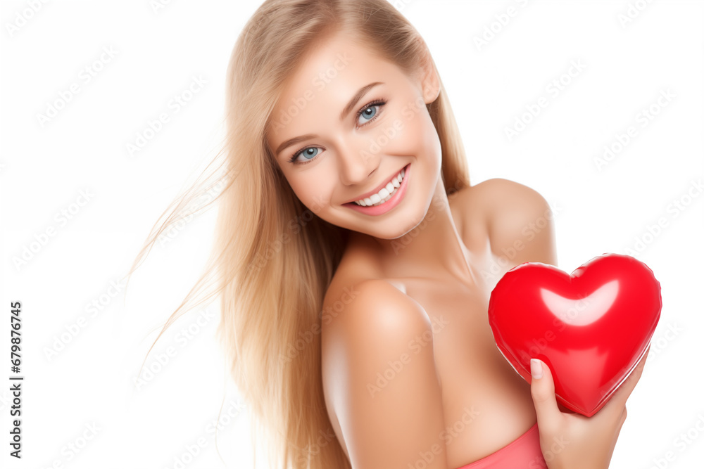beautiful young blonde woman smiling with blue eyes and a red heart in her hand on white background beautiful young blonde woman smiling with blue eyes and a red heart in her hand on white background