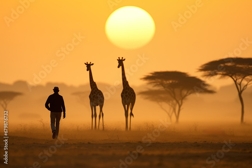 African sunset with the silhouette of giraffes trees and a man walking towards the horizon