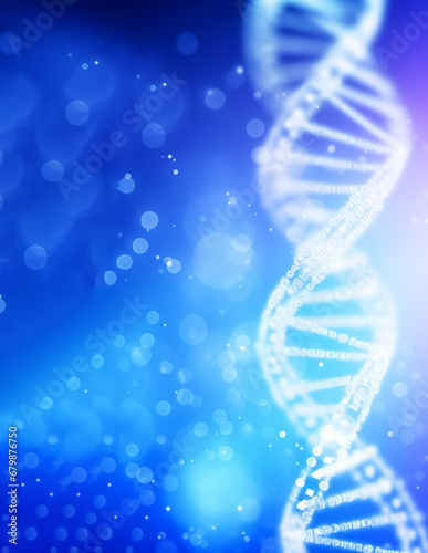 vertical dna chain in white tones on a blue background with particles out of focus around the scene