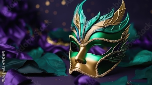 Mardi Gras Venetian masks in golden purple green colors background. Festive colorful Carnival Mardi Gras masquerade mask design for banner, greeting card, prints, poster, party invitation, flyer..