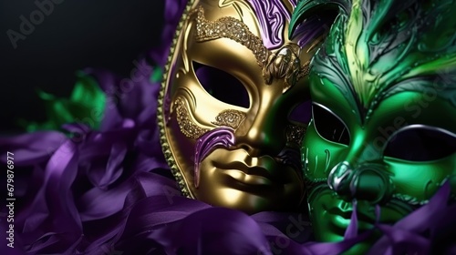 Mardi Gras Venetian masks in golden purple green colors background. Festive colorful Carnival Mardi Gras masquerade mask design for banner, greeting card, prints, poster, party invitation, flyer.. © Oksana Smyshliaeva